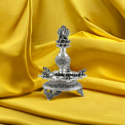 Divine Silver Diya Stand With Ganesh and Elephants