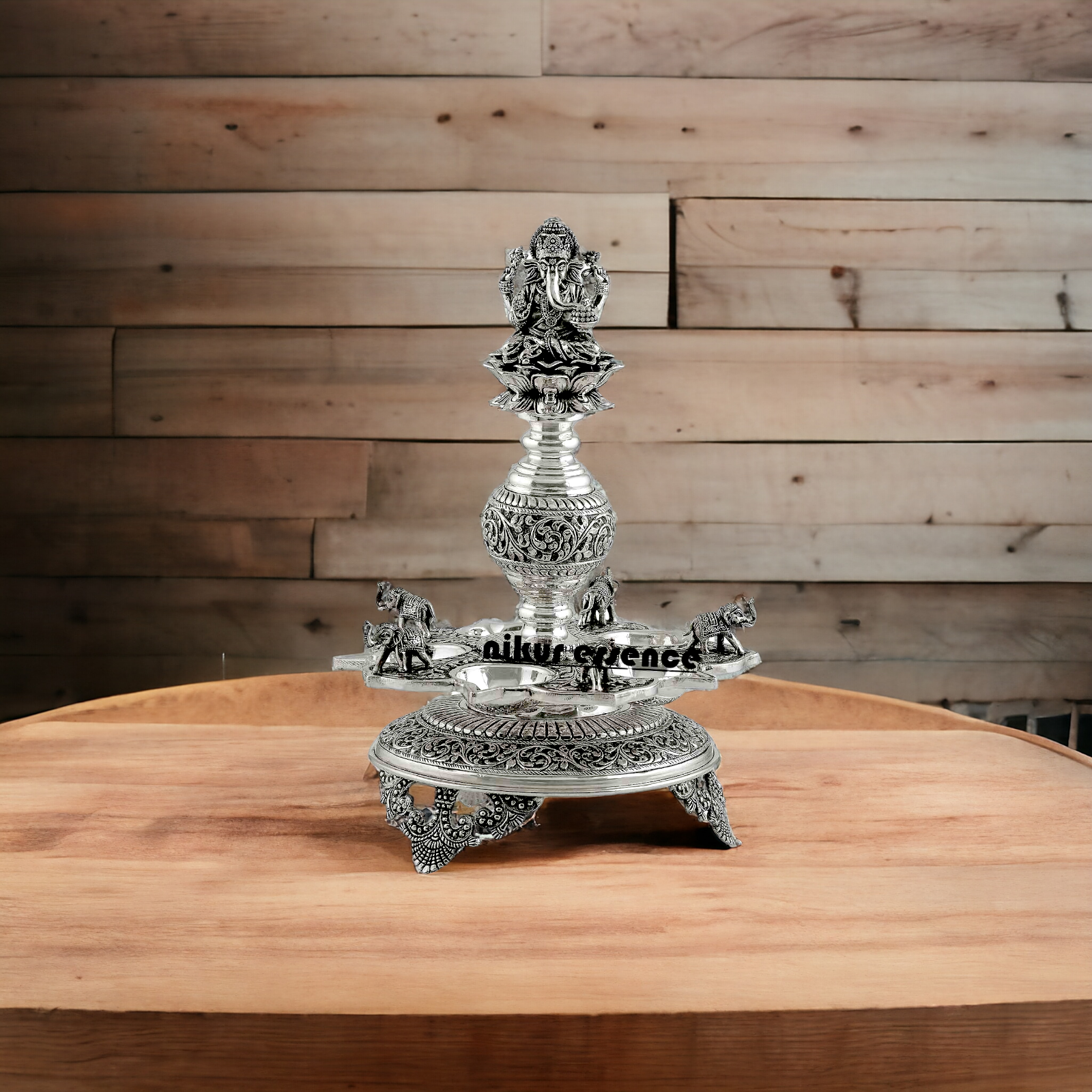 Divine Silver Diya Stand With Ganesh and Elephants