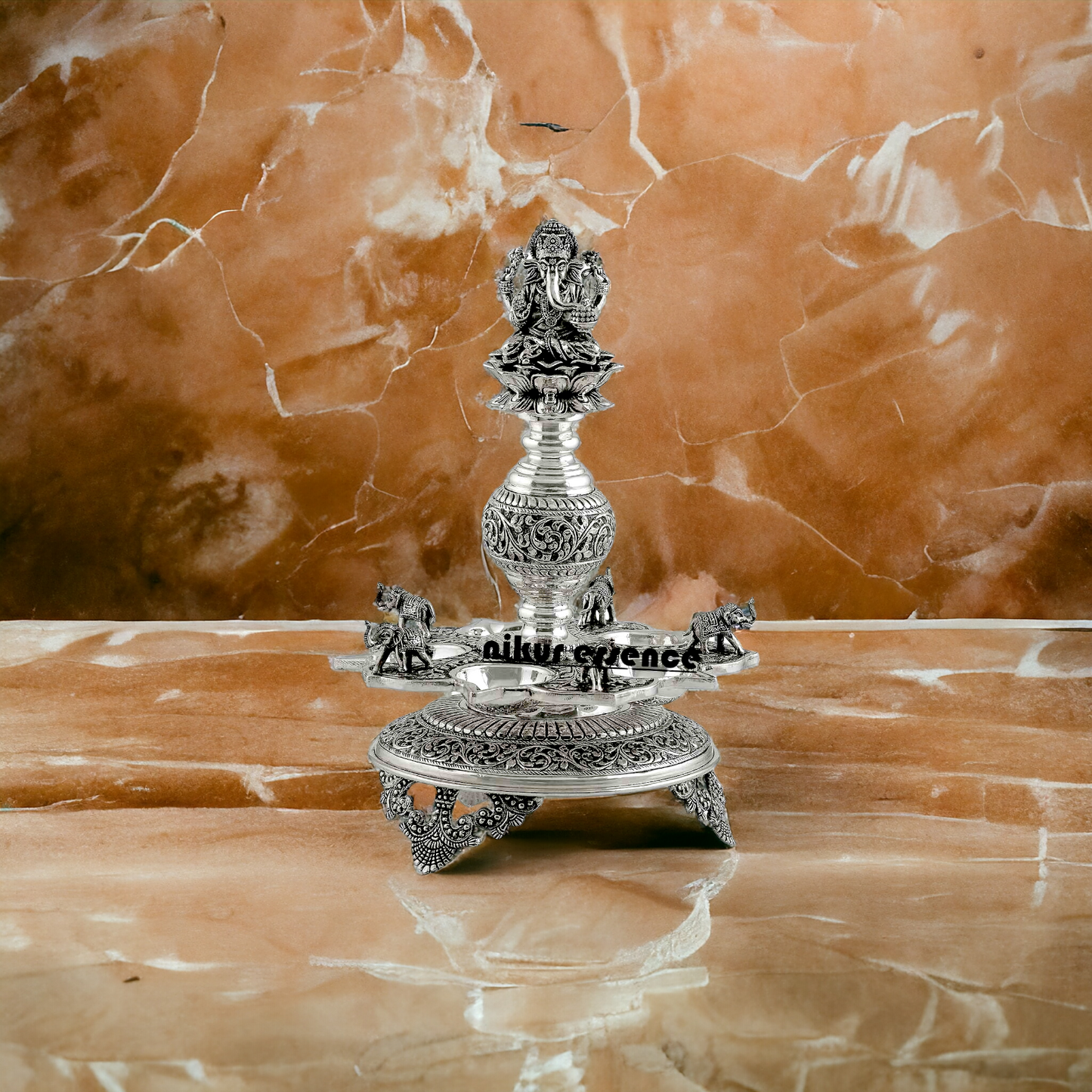 Divine Silver Diya Stand With Ganesh and Elephants