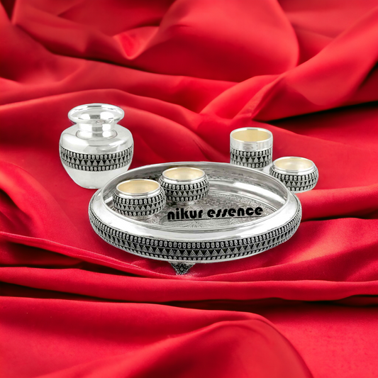 Silver Pooja Thali Set for Home Temple - Nikuressence Nikuressence AuspiciousPooja BuyPoojaThali DailyWorship HandcraftedPooja HinduPooja HinduRituals HomeAltar HomeTemple LuxuryPooja MeditationTools nikuressence NikurEssenceSilver PoojaItems PoojaPlate PoojaThali PoojaThaliSetIndia PoojaThaliSetOnline SilverPoojaSet SilverPoojaThaliSet SilverThali SpiritualGifts SpiritualGrowth SpiritualPractice TempleDecor ThaliSet UniquePooja WorshipEssentials