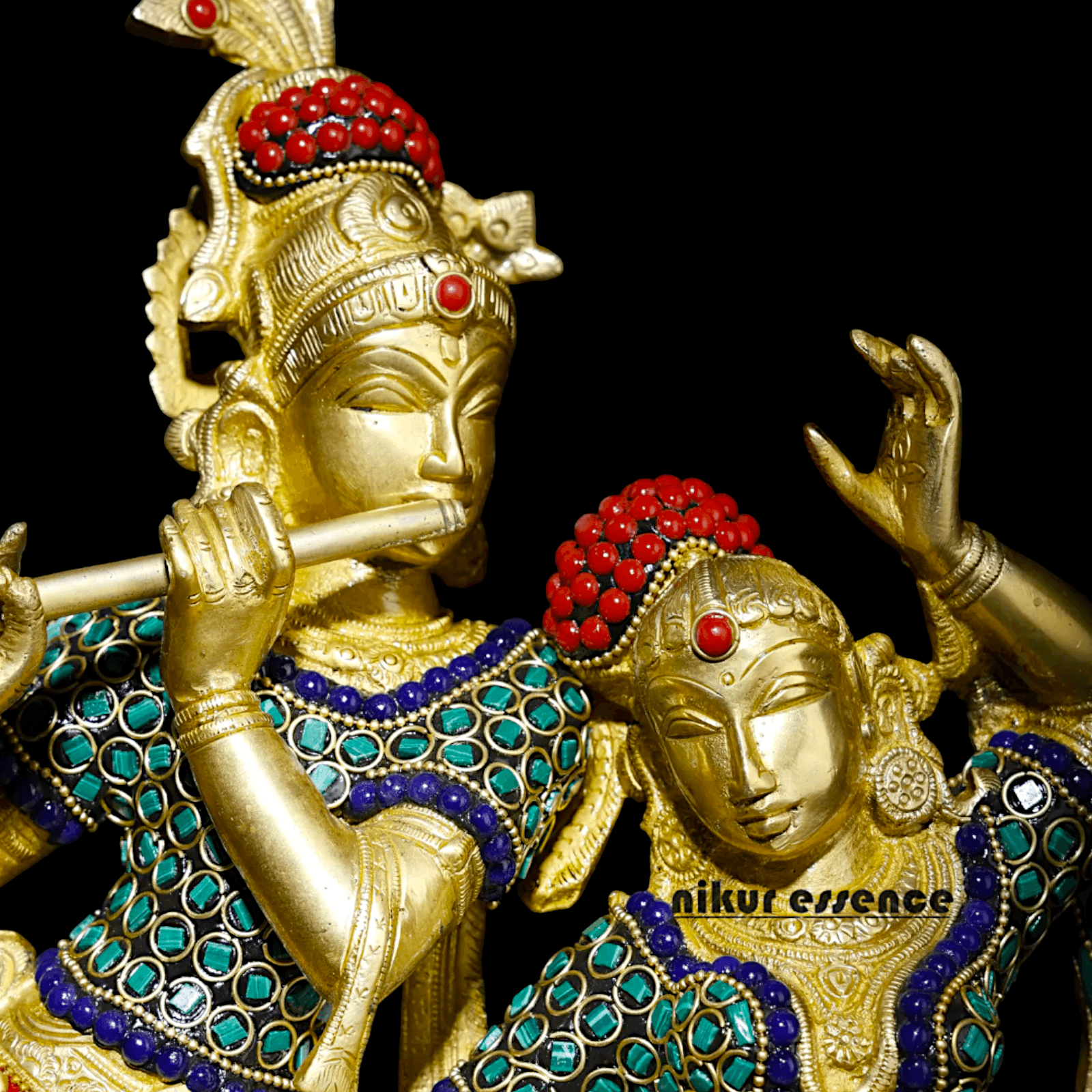 Brass Statue of Radha and Krishna Engaged in Ecstatic Dance with Intricate Inlay Work - Handcrafted Indian Religious Idols Nikuressence