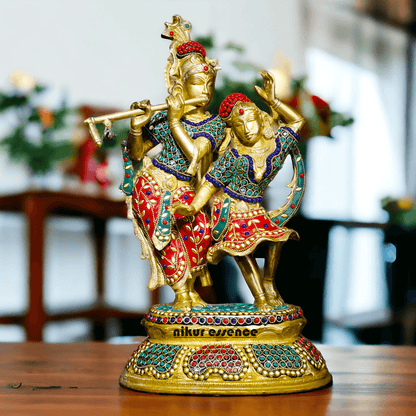 Brass Statue of Radha and Krishna Engaged in Ecstatic Dance with Intricate Inlay Work - Handcrafted Indian Religious Idols Nikuressence