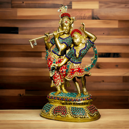 Brass Statue of Radha and Krishna Engaged in Ecstatic Dance with Intricate Inlay Work - Handcrafted Indian Religious Idols Nikuressence