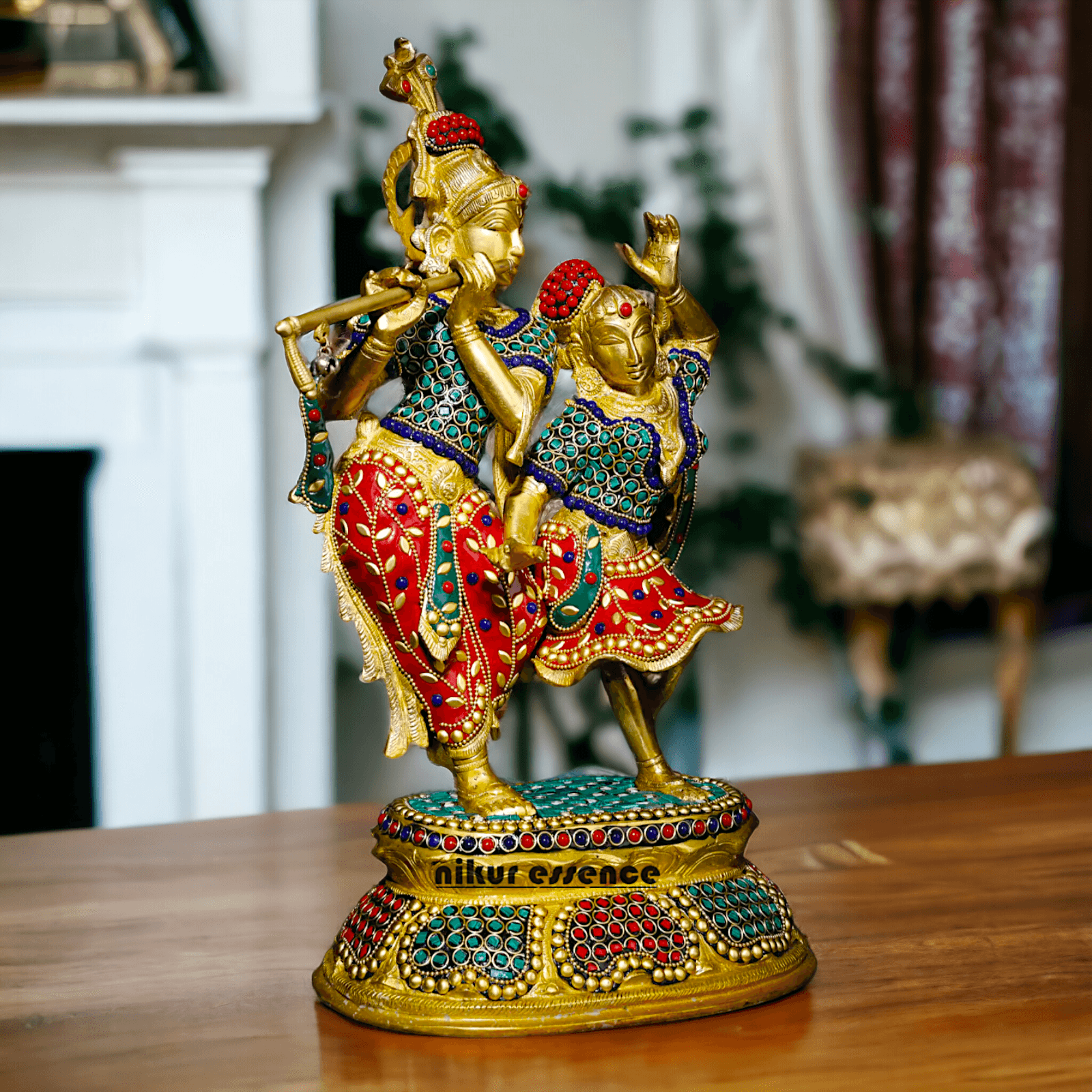 Brass Statue of Radha and Krishna Engaged in Ecstatic Dance with Intricate Inlay Work - Handcrafted Indian Religious Idols Nikuressence