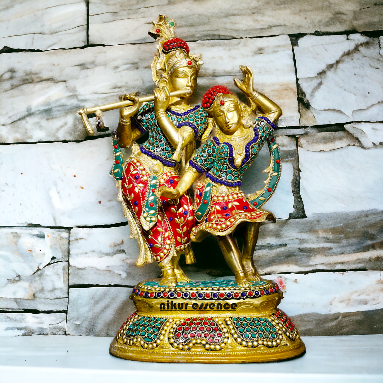 Brass Statue of Radha and Krishna Engaged in Ecstatic Dance with Intricate Inlay Work - Handcrafted Indian Religious Idols Nikuressence