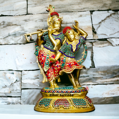 Brass Statue of Radha and Krishna Engaged in Ecstatic Dance with Intricate Inlay Work - Handcrafted Indian Religious Idols Nikuressence