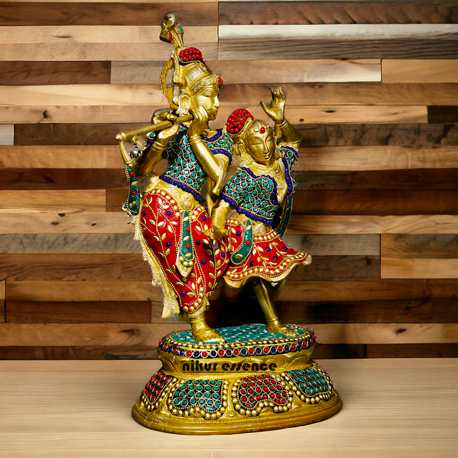 Brass Statue of Radha and Krishna Engaged in Ecstatic Dance with Intricate Inlay Work - Handcrafted Indian Religious Idols Nikuressence