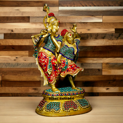 Brass Statue of Radha and Krishna Engaged in Ecstatic Dance with Intricate Inlay Work - Handcrafted Indian Religious Idols Nikuressence