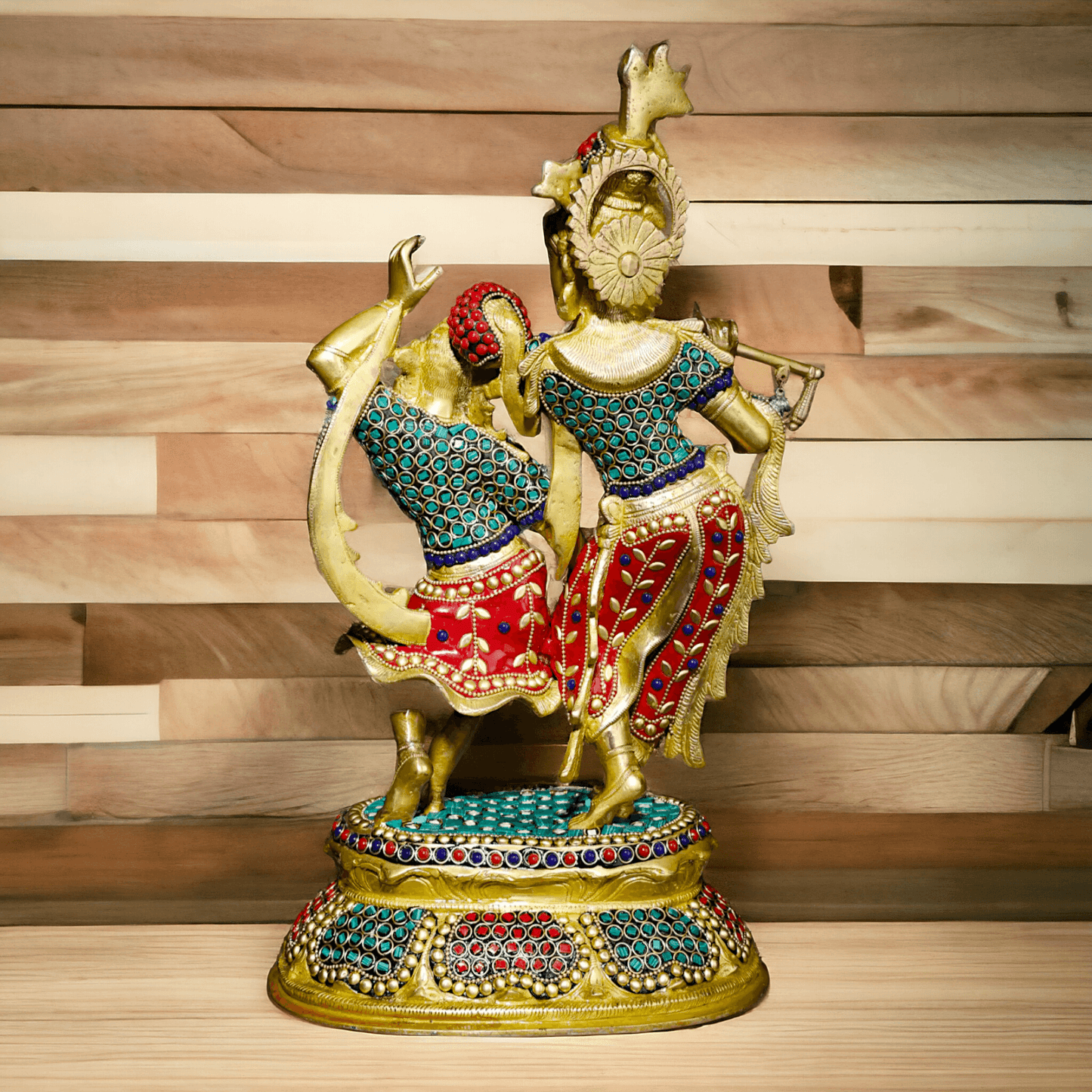 Brass Statue of Radha and Krishna Engaged in Ecstatic Dance with Intricate Inlay Work - Handcrafted Indian Religious Idols Nikuressence