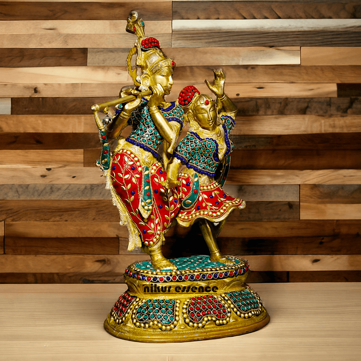 Brass Statue of Radha and Krishna Engaged in Ecstatic Dance with Intricate Inlay Work - Handcrafted Indian Religious Idols Nikuressence