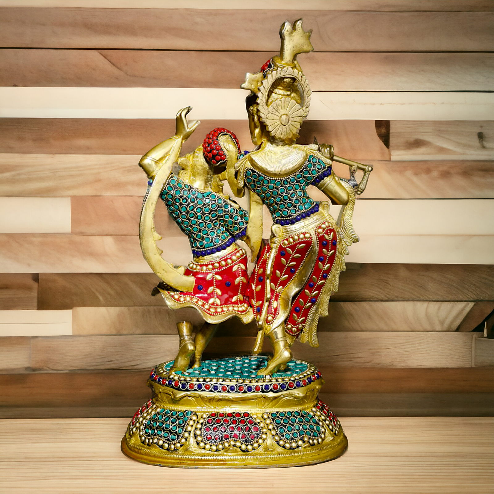 Brass Statue of Radha and Krishna Engaged in Ecstatic Dance with Intricate Inlay Work - Handcrafted Indian Religious Idols Nikuressence