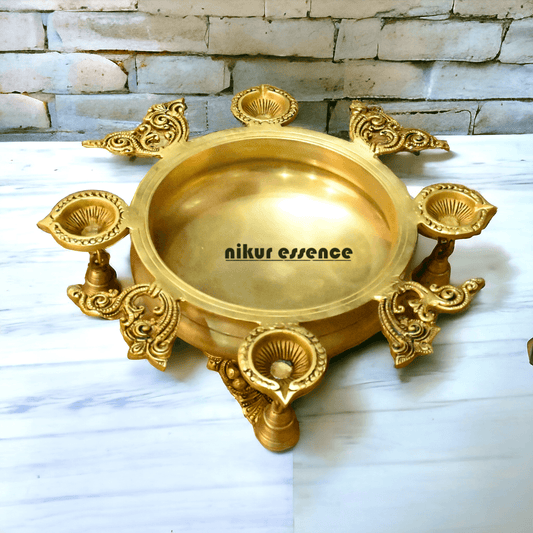 Buy Brass Urli Bowl with 4 Diya Holders and Decorative Bells – Traditional Indian Ritual and Home Décor Piece