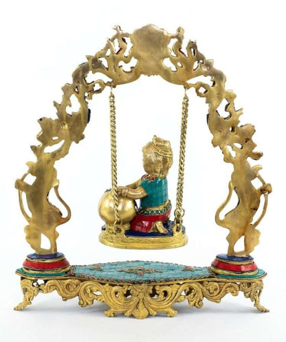 Exquisite Gopala Swing Brass Statue with Intricately Designed Beautiful Stone Work and Delicate Filigree Patterns, Depicting the Divine Joy of Krishna's Childhood Leela