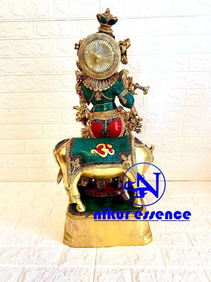 Brass Krishna with Cow with Stunning Stone Inlay Work | 29 inch Height