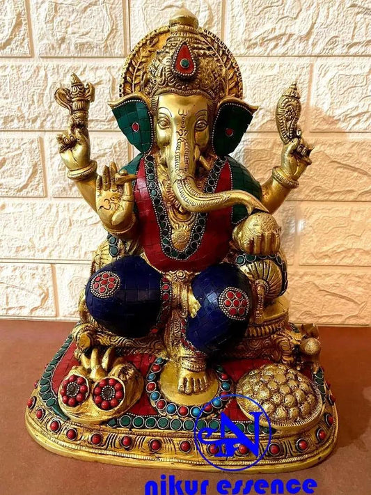 Online Buy Ganesha Brass Statue with Intricate Beautiful Stone Work and Fine Details