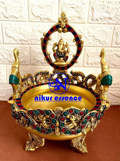 Buy Online Brass Ganesha Urli with Stone work Idols Nikuressence