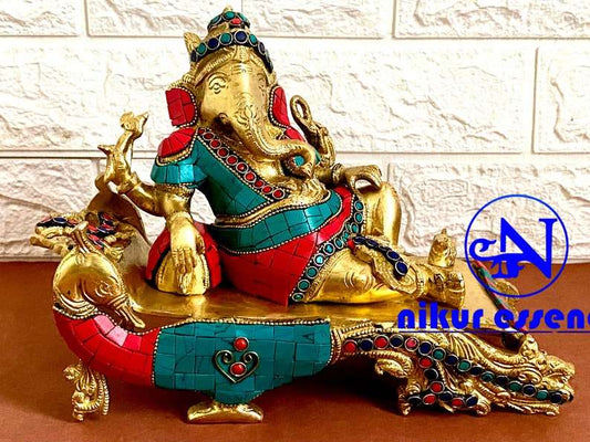 11 inches Ganesha Brass Statue With Beautiful Stone Work