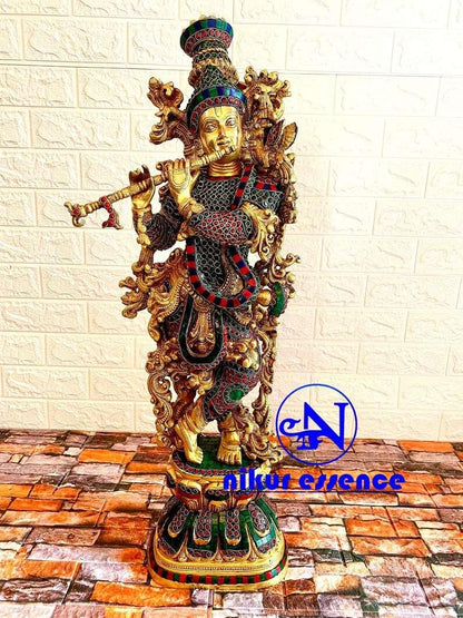 Big Krishna Brass Statue with Gorgeous Stone Inlay, Brilliant Golden Finish, and Masterful Craftsmanship, Adding Elegance to Any Space (Copy) Nikuressence amfez banshi brass god idols brass krishna idol with price brass krishna idol with stone work brass krishna statue diwali home decoration items facts on krishna handicrafts at home krishna statue black largest krishna statue lord vishnu and krishna original udupi krishna idol radha krishna jhula murti traditional diwali presents