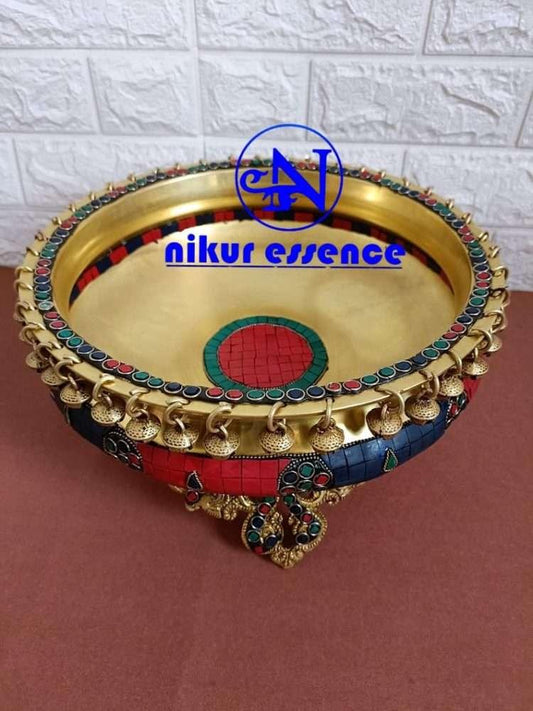 Buy Brass Ghungroo Urli with Intricately Designed Stone Inlay, Showcasing the Perfect Harmony of Traditional Craftsmanship and Timeless Elegance