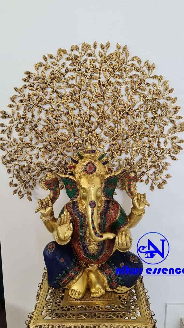 Online buy Brass Ganesha Figurine on Elegant Stand with Beautifully Crafted Brass Tree and Stunning Stone Work