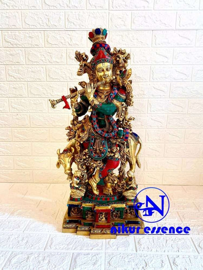 Brass Krishna with Cow with Stunning Stone Inlay Work | 29 inch Height