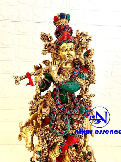 Brass Krishna with Cow with Stunning Stone Inlay Work | 29 inch Height