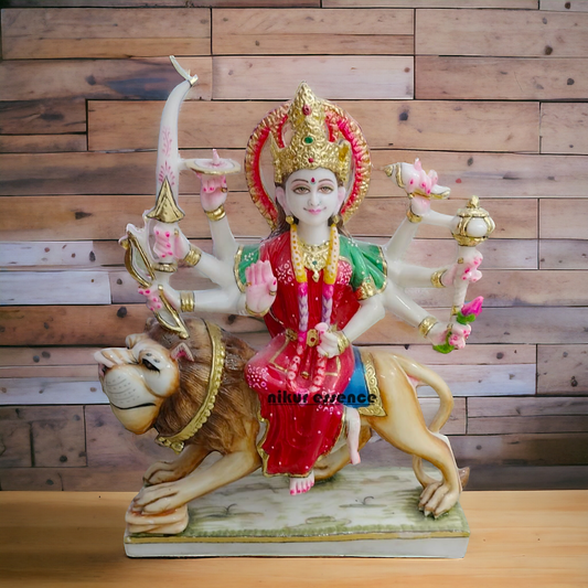 Buy Cultured Marble Durga Sitting on Lion Statue 18 inch Nikuressence durga maa murti Handcrafted Hindu Goddess Sculpture Handcrafted Hindu Goddess Sculpture for Meditation Room Hindu Goddess Durga Idol Hindu Temple Statue Home Temple Decor Intricately Carved Goddess Durga for Spiritual Decor maa durga murti Marble Goddess Durga Statue Marble Goddess Durga Statue for Home Temple Nikur Essence Nikur Essence Marble Goddess Durga for Spiritual Growth Premium White Marble Statue of Goddess Durga