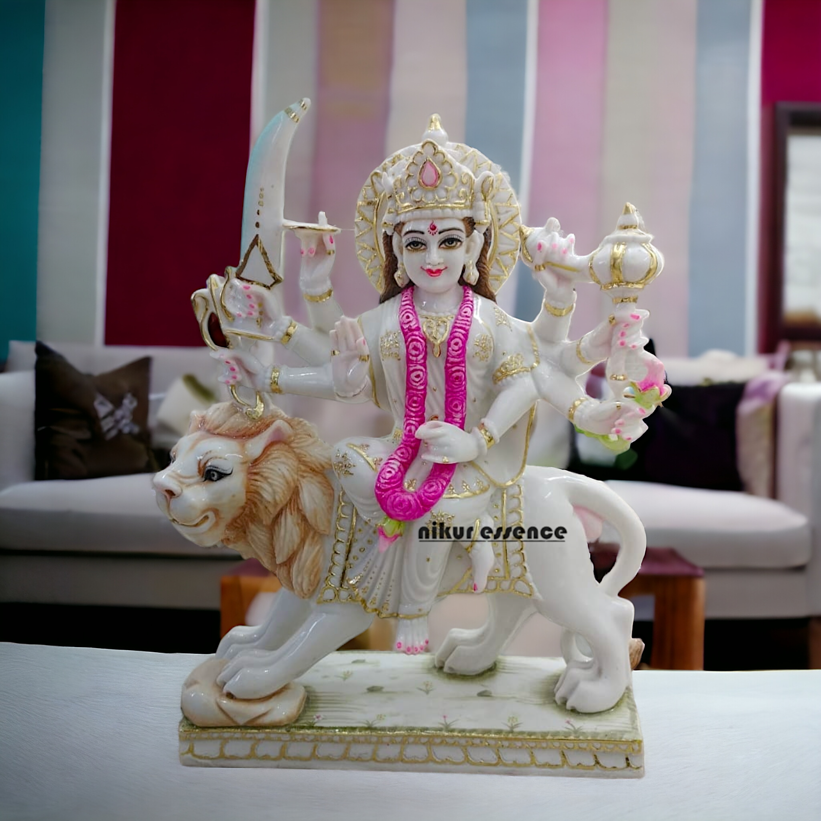 Cultured Marble Maa Durga Sitting on Lion Statue 2 feet Nikuressence durga maa murti Handcrafted Hindu Goddess Sculpture Handcrafted Hindu Goddess Sculpture for Meditation Room Hindu Goddess Durga Idol Hindu Temple Statue Home Temple Decor Intricately Carved Goddess Durga for Spiritual Decor maa durga murti Marble Goddess Durga Statue Marble Goddess Durga Statue for Home Temple Nikur Essence Nikur Essence Marble Goddess Durga for Spiritual Growth Premium White Marble Statue of Goddess Durga