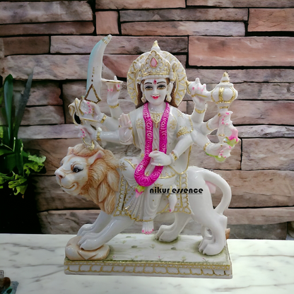 Cultured Marble Maa Durga Sitting on Lion Statue 2 feet Nikuressence durga maa murti Handcrafted Hindu Goddess Sculpture Handcrafted Hindu Goddess Sculpture for Meditation Room Hindu Goddess Durga Idol Hindu Temple Statue Home Temple Decor Intricately Carved Goddess Durga for Spiritual Decor maa durga murti Marble Goddess Durga Statue Marble Goddess Durga Statue for Home Temple Nikur Essence Nikur Essence Marble Goddess Durga for Spiritual Growth Premium White Marble Statue of Goddess Durga